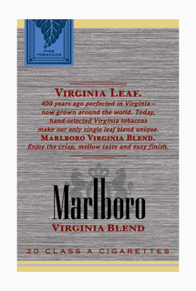 MARLBORO VIRGINIA BLEND FINE TOBACCOS VIRGINIA LEAF.  400 YEARS AGO PERFECTED IN VIRGINIA - NOW GROWN AROUND THE WORLD.  TODAY, HAND-SELECTED VIRGINIA TOBACCOS MAKE OUR ONLY SINGLE LEAF BLEND UNIQUE.  MARLBORO VIRGINIA BLEND.  ENJOY THE CRISP, MELLOW TASTE AND EASY FINISH.  20 CLASS A CIGARETTES trademark