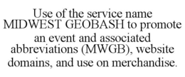 USE OF THE SERVICE NAME MIDWEST GEOBASH TO PROMOTE AN EVENT AND ASSOCIATED ABBREVIATIONS (MWGB), WEBSITE DOMAINS, AND USE ON MERCHANDISE. trademark