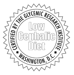 LOW CEPHALIC DIET CERTIFIED BY THE GLYCEMIC RESEARCH INSTITUTE WASHINGTON, D.C. trademark