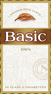 BASIC 100'S · SMOOTH RICH TASTE · 20 CLASS A CIGARETTES A CLASS A CIGARETTES ACCO trademark