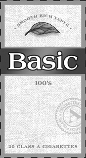 BASIC 100'S · SMOOTH RICH TASTE · 20 CLASS A CIGARETTES A CLASS A CIGARETTES ACCO trademark