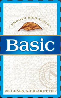 BASIC  · SMOOTH RICH TASTE ·  20 CLASS A CIGARETTES A · CLASS A CIGARETTES · ACCO trademark