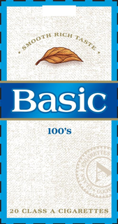 BASIC   100'S · SMOOTH RICH TASTE · 20 CLASS A CIGARETTES CLASS A CIGARETTES A ACCO. trademark