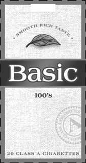 BASIC  100'S · SMOOTH RICH TASTE · 20 CLASS A CIGARETTES CLASS A CIGARETTES A ACCO trademark