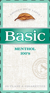 BASIC MENTHOL ULTRA LIGHTS 100'S · SMOOTH RICH TASTE · 20 CLASS A CIGARETTES CLASS A CIGARETTES A ACCO trademark