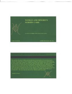 WOMAN AND MINORITY SUBSIDY CARD ACCOUNT NUMBER: XXXX-XXXX-XXXX-XXXX NAME OF ISSUER: EXPIRATION DATE: MO./YR. PROPERTY OF THE UNITED STATES OF AMERICA THIS CARD ALLOWS THE ISSUER TO OBTAIN A PERCENT REDUCTION ON ANY GOOD AND/OR SERVICE PURCHASED AND/OR RECEIVED IN THE UNITED STATES OF AMERICA AND ABROAD. THE PERCENT REDUCTION HAS BEEN COMPUTED BASED ON THE ISSUER'S ANNUAL SALARY COMPARED TO A SIMILARLY SITUATED WHITE MAN DOING THE SAME WORK, WORKING UNDER THE SAME MANAGER, ADHERING TO THE SAME WORK RULES, STANDARDS, AND/OR POLICIES. THE UNITED STATES OF AMERICA FEDERAL GOVERNMENT AND ANY OF ITS DEPARTMENTS (INTERNAL REVENUE SERVICE, DEPARTMENT OF LABOR, UNITED STATES DISTRICT AND CIRCUIT COURTS, AND UNITED STATES CENSUS BUREAU) THAT HOUSE STATISTICAL DATA (DISPLAYING INCOME DISPARITY BETWEEN MEN, WOMEN, YOUNG, OLD, WHITE, AND NON-WHITE PROFESSIONALS) ARE SOLELY RESPONSIBLE FOR COMPUTING THE PRECISE PERCENT REDUCTION NEEDED TO GUARANTEE PAY EQUITY FOR THE ISSUER. THIS CARD EXPIRES WHEN THE ISSUER RECEIVES PAY EQUITY COMPARED TO A SIMILARLY SITUATED WHITE MAN AS DESCRIBED ABOVE. THIS CARD IS NULL AND VOID ONCE EVERY AMERICAN ACHIEVES PAY EQUITY. SIGNATURE OF ISSUER: trademark