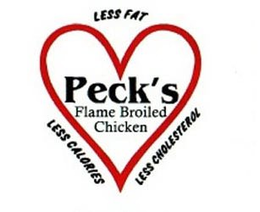 PECK'S FLAME BROILED CHICKEN LESS FAT LESS CALORIES LESS CHOLESTEROL trademark