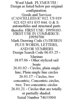 WORD MARK PLYMOUTH / DESIGN AS LISTED BELOW PER ORIGINAL CONFIGURATION. GOODS AND SERVICES (CANCELLED) IC 012. US 019 021 023 031 035 044. G & S: AUTOMOBILES AND STRUCTURAL PARTS THEREFOR. FIRST USE: 19950103. FIRST USE IN COMMERCE: 19950700 MARK DRAWING CODE (3) DESIGN PLUS WORDS, LETTERS, AND/OR NUMBERS DESIGN SEARCH CODE 06.03.25 - MARINAS 18.07.06 - OTHER STYLIZED SAIL BOATS 26.01.02 - CIRCLES, PLAIN SINGLE LINE; PLAIN SINGLE LINE CIRCLES 26.01.17 - CIRCLES, TWO CONCENTRIC; CONCENTRIC CIRCLES, TWO; TWO CONCENTRIC CIRCLES 26.01.21 - CIRCLES THAT ARE TOTALLY OR PARTIALLY SHADED. SERIAL NUMBER 74633004 trademark