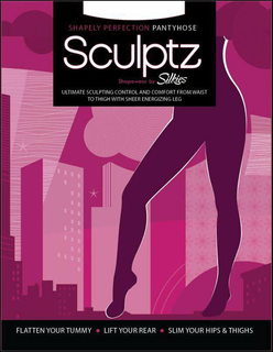 SHAPELY PERFECTION PANTYHOSE SCULPTZ SHAPEWEAR BY SILKIES ULTIMATE SCULPTING CONTROL AND COMFORT FROM WAIST TO THIGH WITH SHEER ENERGIZING LEG FLATTEN YOUR TUMMY · LIFT YOUR REAR · SLIM YOUR HIPS & THIGHS trademark
