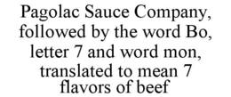 PAGOLAC SAUCE COMPANY, FOLLOWED BY THE WORD BO, LETTER 7 AND WORD MON, TRANSLATED TO MEAN 7 FLAVORS OF BEEF trademark