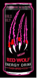 RED WOLF ENERGY DRINK VITAMIN B-12 GIRLS ONLY ZERO SUGAR COTTON CANDY POWER · SPEED · FOCUS 12 FL. OZ. trademark