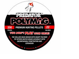 PREDATOR POLYMAG 200 PIECES PREMIUM HUNTING PELLETS .22 CALIBER YOU DONT PLAY WITH THESE! THE HOLLOW HEAD DESIGN WITH SHARP POLYMER TIP OFFERS MATCH GRADE ACCURACY WITH INCOMPARABLE PENETRATION AND EXPANSION PREDATOR INTERNATIONAL, INC. · PATENTED OFS · WWW.PREDATORPELLETS.COM trademark