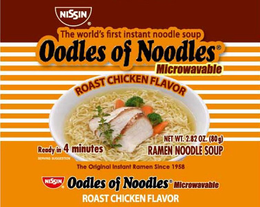NISSIN THE WORLD'S FIRST INSTANT NOODLE SOUP OODLES OF NOODLES MICROWAVABLE ROAST CHICKEN FLAVOR READY IN 4 MINUTES RAMEN NOODLE SOUP THE ORIGINAL INSTANT RAMEN SINCE 1958 NISSEN OODLES OF NOODLES MICROWAVABLE ROAST CHICKEN FLAVOR trademark