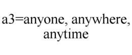 A3=ANYONE, ANYWHERE, ANYTIME trademark