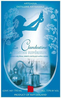 ARTEMISIA DISTILLERIE ARTISANALE CHARLOTTE LA CLANDESTINE ABSINTHE SUPÉRIEURE GRAIN NEUTRAL SPIRITS DISTILLED WITH HERBS CONT. NET 750 ML PRODUCT OF SWITZERLAND ALC.53% BT VOL. trademark