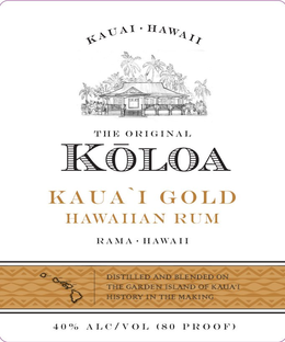 KAUAI · HAWAII THE ORIGINAL KOLOA KAUA`I GOLD HAWAIIAN RUM RAMA · HAWAII DISTILLED AND BLENDED ON THE GARDEN ISLAND OF KAUA'I HISTORY IN THE MAKING 40% ALC/VOL (80 PROOF) trademark