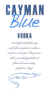 CAYMAN BLUE VODKA HANDCRAFTED AND DISTILLED USING ONLY THE FINEST INGREDIENTS TO ACHIEVE A TRULY 100% NEUTRAL SPIRIT. THIS PREMIUM VODKA IS PAINSTAKINGLY DISTILLED AND FILTERED TO THE MOST EXCITING SPECIFICATIONS. ENJOY! trademark