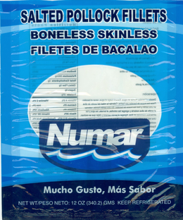 SALTED POLLOCK FILLETD BONELESS SKINLESS FILETES DE BACALAO NUMAR MUCHO GUSTO, MÁS SABOR trademark
