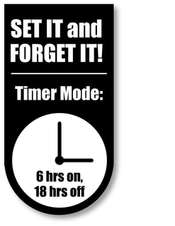 SET IT AND FORGET IT! TIMER MODE: 6 HRS ON 18 HRS OFF trademark