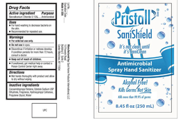 PRISTALL SANISHIELD IT'S NOT CLEAN UNTIL IT'S SANICLEAN ANTIMICROBIAOL SPRAY HAND SANITIZER ALCOHOL FREE KILLS GERMS NOT SKIN KILLS MORE THAN 99.9% OF GERMS trademark