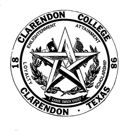 CLARENDON COLLEGE 1898 CLARENDON TEXAS LOYALTY ENLIGHTENMENT ATTAINMENT SCHOLARSHIP LABOR OMNIA VINCET trademark