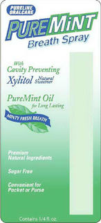 PURELINE ORALCARE PUREMINT BREATH SPRAY WITH CAVITY PREVENTING XYLITOL NATURAL SWEETENER PUREMINT OIL FOR LONG LASTING MINTY FRESH BREATH PREMIUM NATURAL INGREDIENTS SUGAR FREE CONVENIENT FOR POCKET OR PURSE CONTAINS ¼ FL. OZ. trademark