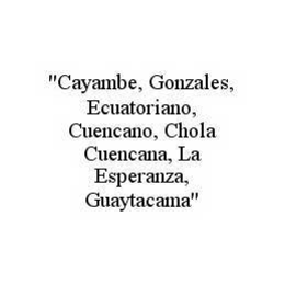"CAYAMBE, GONZALES, ECUATORIANO, CUENCANO, CHOLA CUENCANA, LA ESPERANZA, GUAYTACAMA" trademark