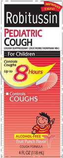 ROBITUSSIN PEDIATRIC IMPROVED TASTE! COUGH COUGH SUPPRESSANT (DEXTROMETHORPHAN HBR) FOR CHILDREN CONTROLS COUGHS UP TO 8 HOURS CONTROLS COUGHS ALCOHOL FREE FRUIT PUNCH FLAVOR COUGH FORMULA 4 FL OZ (118 ML) trademark