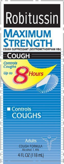 ROBITUSSIN MAXIMUM STRENGTH COUGH SUPPRESSANT (DEXTROMETHORPHAN HBR) COUGH CONTROLS COUGHS UP TO 8 HOURS CONTROLS COUGHS ADULTS COUGH FORMULA ALCOHOL 1.4% 4 FL OZ (118 ML) trademark