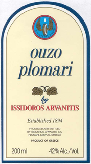 OUZO PLOMARI BY ISSIDOROS ARVANITIS ESTABLISHED 1894 PRODUCED AND BOTTLED BY ISSIDOROS ARVANITIS S.A. PLOMARI, LESVOS, GREECE PRODUCT OF GREECE 200 ML 42% ALC./VOL. trademark