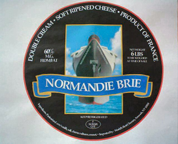 NORMANDIE BRIE DOUBLE CREAM SOFT RIPPENED CHEESE PRODUCT OF FRANCE 60% M.G. FIDM/FAT NET WEIGHT 6 LBS TO BE WEIGHT AT TIME OF SALE KEEP REFRIGERATED INGREDIENTS: PASTEURIZED COW'S MILK, SALT, CHEESE CULTURES, RENNET IMPORTED BY: WORLD'S BEST CHEESES, ARMONK, NY 10504 trademark