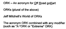 ORK - AN ACRONYM FOR OFF ROAD GOKART(S), AS USED IN A WEB SITE TITLE "JEFF MITCHELL'S WORLD OF ORKS", ANY USE OF THE ACRONYM "ORK" COMBINED WITH A MODIFIER SUCH AS "X-"ORK OR "EXTREME" ORK trademark
