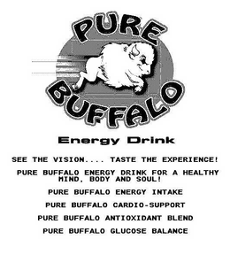 PURE BUFFALO ENERGY DRINK - SEE THE VISION.... TASTE THE EXPERIENCE! - PURE BUFFALO ENERGY DRINK FOR A HEALTHY MIND, BODY AND SOUL! - PURE BUFFALO ENERGY INTAKE - PURE BUFFALO CARDIO-SUPPORT - PURE BUFFALO ANTIOXIDANT BLEND - PURE BUFFALO GLUCOSE BALANCE trademark