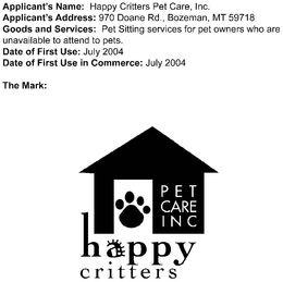 HAPPY CRITTERS PET CARE trademark