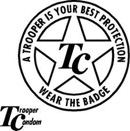 A TROOPER IS YOUR BEST PROTECTION TC WEAR THE BADGE TROOPER CONDOM trademark