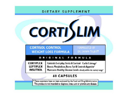 DIETARY SUPPLEMENT, CORTISLIM CORTISOL CONTROL WEIGHT LOSS FORMULA, FORMULATED BY DR.  SHAWN TALBOTT, ORIGINAL FORMULA, CORTIPLEX CONTROLS EVERYDAY STRESS & CORTISOL - CURBS CRAVINGS, LEPTIPLEX BOOSTS METABOLISM, BURNS FAT & CONTROLS APPETITE, INSUTROL MAINTAINS HEALTHY GLUCOSE LEVELS ALREADY WITHIN THE NORMAL RANGE, 60 CAPSULES, THESE STATEMENTS HAVE NOT BEEN EVALUATED BY THE FOOD & DRUG ADMINISTRATION.  THIS PRODUCT IS NOT INTENDED TO DIAGNOSE, TREAT, CURE OR PREVENT DISEASE. trademark