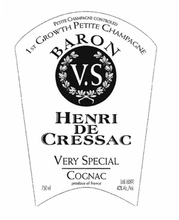 BARON HENRI DE CRESSAC PETITE CHAMPAGNE CONTROLED 1ST GROWTH PETITE CHAMPAGNE V.S VERY SPECIAL COGNAC PRODUCT OF FRANCE 750 ML EMB 16089E 40% ALC./VOL. trademark