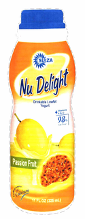 SUIZA NU DELIGHT PASSION FRUITS DRINKABLE LOWFAT YOGURT + VITAMIN A & D 98% FAT FREE 11 FL OZ (325ML) EXCELLENT SOURCE OF CALCIUM trademark