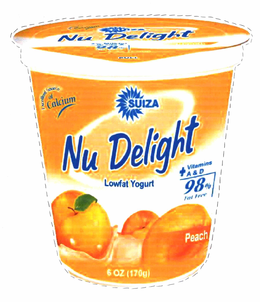 SUIZA NU DELIGHT LOW FAT YOGURT + VITAMIN A & D 98% FAT FREE PEACH EXCELLENT SOURCE OF CALCIUM 6 OZ (170 G) trademark