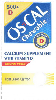OS-CAL CHEWABLE CALCIUM SUPPLEMENT WITH VITAMIN D SUGAR FREE LIGHT LEMON CHIFFON THE MOST VITAMIN D 500 + D trademark