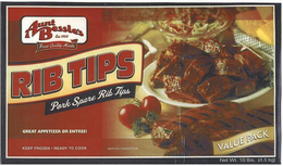 AUNT BESSIE'S EST. 1958 FINEST QUALITY MEATS RIB TIPS PORK SPARE RIB TIPS GREAT APPETIZER OR ENTREE! KEEP FROZEN READY TO COOK SERVING SUGGESTION VALUE PACK NET WT. 10 LBS. (4.5 KG.). trademark