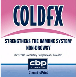 COLDFX STRENGTHENS THE IMMUNE SYSTEM' NON-DROWSY CVT-E002 · A DIETARY SUPPLEMENT · PATENTED CBP CERTIFIED CHEMBIOPRINT trademark