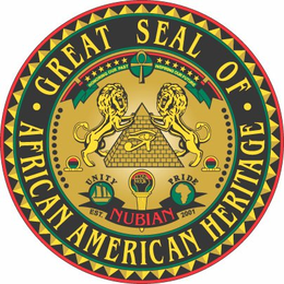 GREAT SEAL OF AFRICAN AMERICAN HERITAGE NUBIAN UNITY PRIDE EST. 2001 HONORING OUR PAST INSPIRING OUR FUTURE trademark