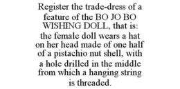 REGISTER THE TRADE-DRESS OF A FEATURE OF THE BO JO BO WISHING DOLL, THAT IS: THE FEMALE DOLL WEARS A HAT ON HER HEAD MADE OF ONE HALF OF A PISTACHIO NUT SHELL, WITH A HOLE DRILLED IN THE MIDDLE FROM WHICH A HANGING STRING IS THREADED. trademark