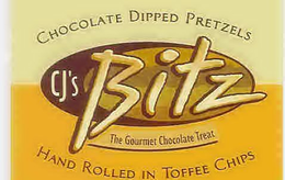 CJ'S BITZ THE GOURMET CHOCOLATE TREAT CHOCOLATE DIPPED PRETZELS HAND ROLLED IN TOFFEE CHIPS trademark