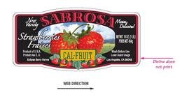 NEW VARIETY SABROSA MEANS DELICIOUS! CAL-FRUIT STRAWBERRIES FRAISES PRODUCT OF U.S.A. PRODUIT DES E.U. WASH BEFORE USE LAVER AVANT USAGE ECLIPSE BERRY FARMS LOS ANGELES, CA 90049 trademark