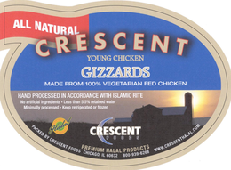 ALL NATURAL CRESCENT YOUNG CHICKEN GIZZARDS MADE FROM 100% VEGETARIAN FED CHICKEN HAND PROCESSED IN ACCORDANCE WITH ISLAMIC RITE trademark