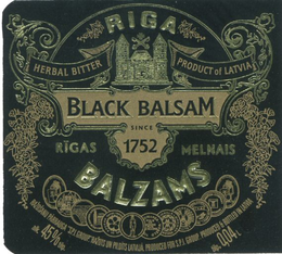 RIGA BLACK BALSAM RIGAS MELNAIS BALZAMS HERBAL BITTER PRODUCT OF LATVIA SINCE 1752 RAZOSANU PARRAUGA "SPI GROUP". RAZOTS UN PILDITS LATVIJA. PRODUCED FOR S.P.I. GROUP. PRODUCED & BOTTLED IN LATVIA ALK. 45% TILP. TILP. 0,04L trademark