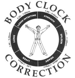 BODY CLOCK CORRECTION 3.00 - 5.00AM LUNG 5.00 - 7.00AM LARGE INTESTINE 7.00 - 9.00AM STOMACH 9.00 - 11.00AM SPLEEN 11.00AM - 1.00PM HEART 1.00 - 3.00PM LIVER trademark