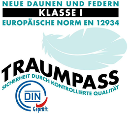 NEUE DAUNEN UND FEDERN KLASSE I EUROPÄISCHE NORM EN 12934 TRAUMPASS SICHERHEIT DURCH KONTROLLIERTE QUALITÄT DIN GEPRÜFT trademark